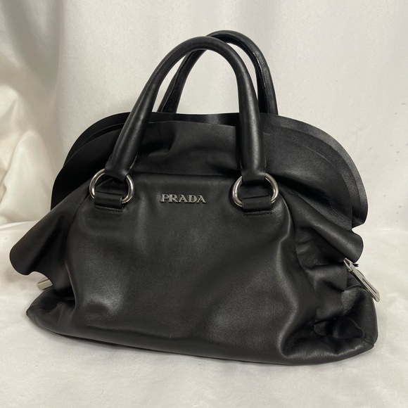 PRADA | Black 'Bauletto' Nappa Ruffle Leather Satchel Handbag + Lock & Dust Bag - Picture 1 of 12